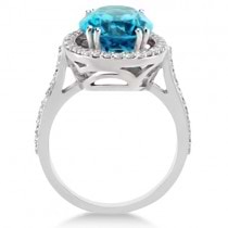 Halo Style Diamond and Swiss Blue Topaz Ring 14k White Gold (6.50ctw)