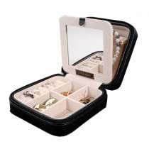 Faux Leather Jewelry Box in Black w/ Interior Mirror, Travel Pouch, Storage