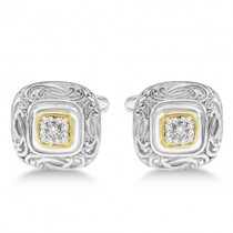 Vintage Engraved Diamond Cuff Links 14k Gold & Sterling Silver (0.25ct)