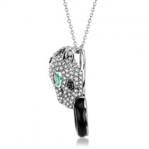 Onyx, Emerald & Diamond Panther Pendant Necklace 14K White Gold 5.12ct