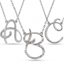 Personalized Diamond Cursive Initial Pendant Necklace 14k White Gold