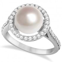 Freshwater Cultured Pearl & Diamond Halo Ring 14K W. Gold (9.50-10mm)