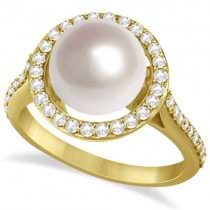 Freshwater Cultured Pearl & Diamond Halo Ring 14K Y. Gold (9.50-10mm)