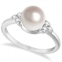 Freshwater Cultured Pearl & Diamond Accented Ring 14K W. Gold (7-8mm)