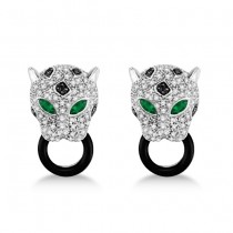 Black Onyx, Emerald & Diamond Panther Earrings 14K White Gold 1.26ctw
