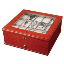 Walnut Finish Locking Wooden Watch Box & Jewelry Case. 15 compartments
