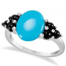 Genuine Cabochon Cut Turquoise & Onyx Ring 14K White Gold 5.60ctw