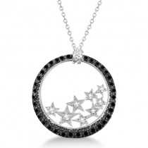 Black Spinel Circle Pendant w/ Diamond Stars Sterling Silver 0.35ctw