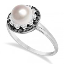 Freshwater Pearl Flower Ring w/ Black & White Diamonds 14K W. Gold 0.14cw