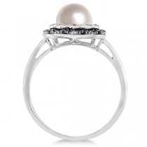Freshwater Pearl Flower Ring w/ Black & White Diamonds 14K W. Gold 0.14cw