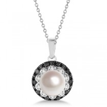 Freshwater Pearl Flower Pendant w/ Black & White Diamonds 14K W. Gold 0.14cw