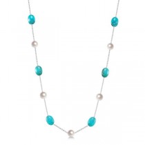 Turquoise & Round White Freshwater Pearl Strand Sterling Silver 8mm