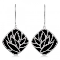 Square Black Onyx Earrings Floral Design Sterling Silver 8.84ctw