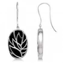 Oval Black Onyx Dangle Earrings Floral Design Sterling Silver 8.84ctw