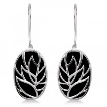 Oval Black Onyx Dangle Earrings Floral Design Sterling Silver 8.84ctw