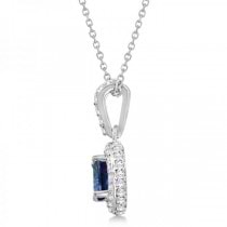 Diamond & Blue Sapphire Halo Pendant Necklace 14k White Gold (0.90ct)