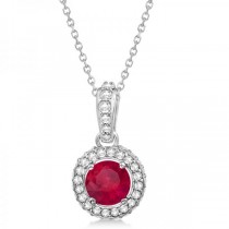 Diamond & Ruby Halo Pendant Necklace in 14k White Gold (0.90ct)