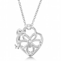 Diamond Heart Lock and Key Pendant Necklace Sterling Silver (0.05ct)