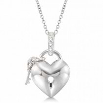 Puffed Heart Lock and Key Diamond Necklace in Sterling Silver (0.05ct)