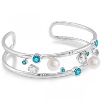Freshwater Pearl & Blue Topaz Cuff Bracelet in Sterling Silver 1.77cw
