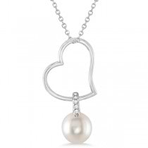 Freshwater Pearl & Diamond Heart Pendant Necklace Sterling Silver
