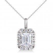 Emerald Cut Diamond Halo Pendant Necklace 14K White Gold (1.50ct)