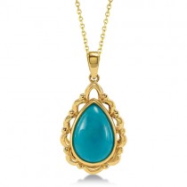Teardrop Shaped Turquoise Pendant Necklace 14K Yellow Gold 4.78ctw