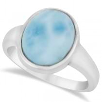 Oval Larimar Solitaire Cocktail Ring Cabochon Cut in Sterling Silver
