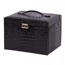 Drop Front Locking Jewelry Box in Black Croco Faux Leather w/ Handle