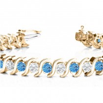 Blue Topaz & Diamond Tennis S Link Bracelet 14k Yellow Gold (4.00ct)