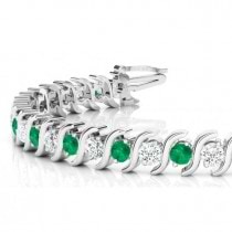 Emerald & Diamond Tennis S Link Bracelet 14k White Gold (4.00ct)