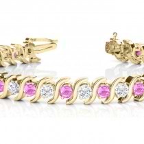 Pink Sapphire & Diamond Tennis S Link Bracelet 14k Yellow Gold (4.00ct)