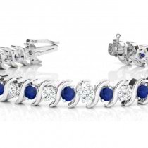 Blue Sapphire & Diamond Tennis S Link Bracelet 18k White Gold (6.00ct)