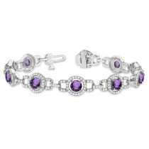 Luxury Halo Amethyst & Diamond Link Bracelet 14k White Gold (8.00ct)