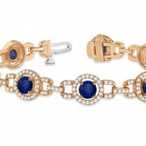 Luxury Halo Blue Sapphire & Diamond Link Bracelet 14k Rose Gold (8.00ct)
