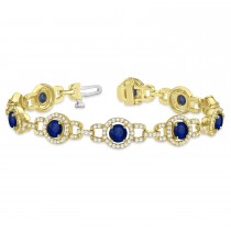 Luxury Halo Blue Sapphire & Diamond Link Bracelet 14k Yellow Gold (8.00ct)