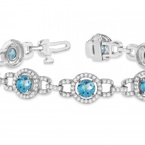 Luxury Halo Blue Topaz & Diamond Link Bracelet 14k White Gold (8.00ct)