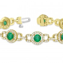 Luxury Halo Emerald & Diamond Link Bracelet 14k Yellow Gold (8.00ct)