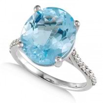 Swiss Blue Topaz Oval Engagement Ring with Diamonds 14k W Gold 0.25ct
