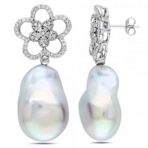 Freshwater Baroque Pearl Earrings w/ Diamond Flowers 14k W Gold 17.5mm