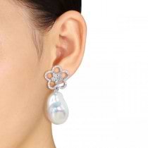 Freshwater Baroque Pearl Earrings w/ Diamond Flowers 14k W Gold 17.5mm