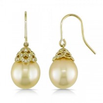 Yellow South Sea Pearl & Diamond Drop Earrings 14k Y. Gold 11-12mm