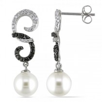 Swirl Pearl Earrings w/ Black & White Diamonds 14k W. Gold 7-7.5mm