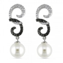 Swirl Pearl Earrings w/ Black & White Diamonds 14k W. Gold 7-7.5mm