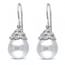 White South Sea Pearl & Diamond Drop Earrings 14k White Gold 10.5-11mm