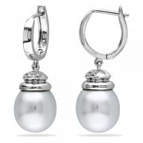 White South Sea Pearl Earrings w/ Diamond Accents 14k W. Gold 9-9.5mm