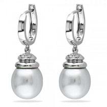 White South Sea Pearl Earrings w/ Diamond Accents 14k W. Gold 9-9.5mm