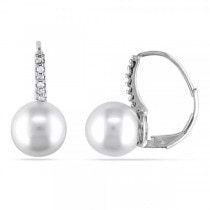 White South Sea Pearl and Diamond Earrings Leverbacks 14k White Gold