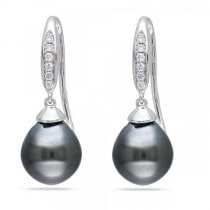 Black Tahitian Pearl & Diamond Earrings 14k White Gold 8.5-9mm