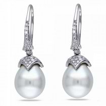 White South Sea Pearl & Diamond Drop Earrings 14k White Gold 9-9.5mm